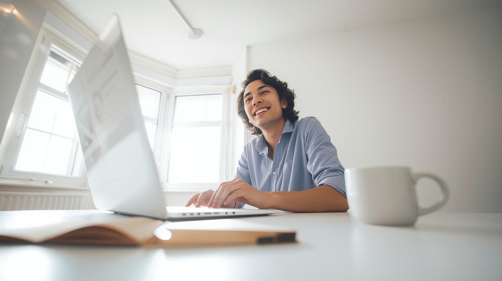 Small business owner smiling while using a blurred Windows laptop in bright workspace.